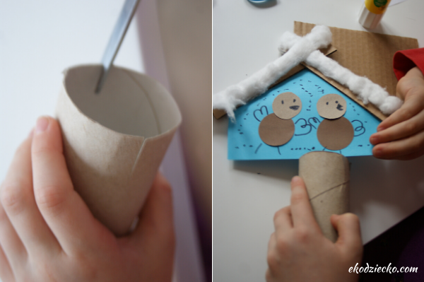kreatywne pomysły na prace plastyczne z przedszkolakami, ptaszki w karmniku z materiałów z recyklingu