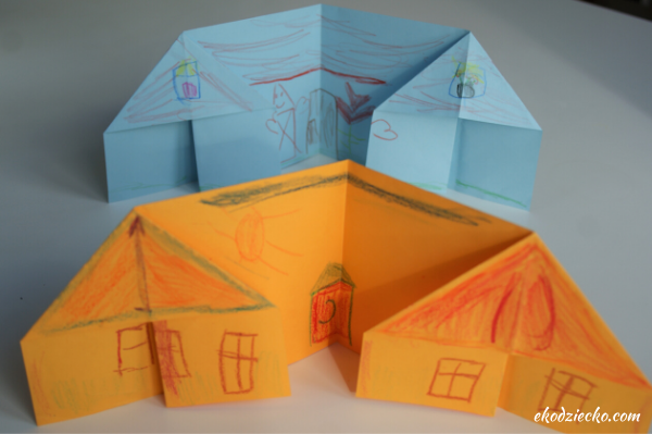 przestrzenne origami, domek, prosta praca z origami dla dzieci