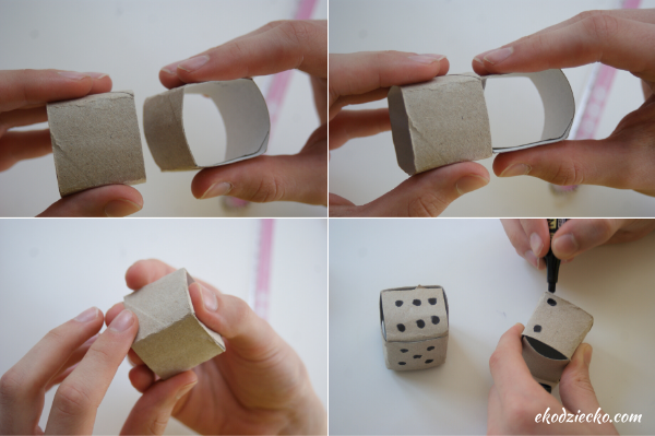 pomysłowa kostka do gry z rolki po papierze toaletowym, kreatywne zabawy dla dzieci