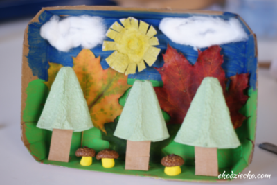 jesienny las, kreatywne prace przestrzenne dla dzieci w szkole, w świetlicy i w domu z recyklingu, pudełka po jajkach